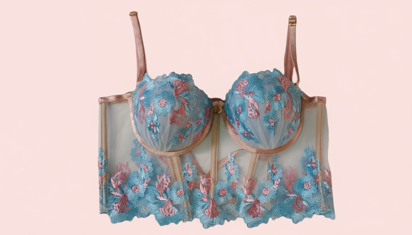 Corset Azul Celestial con fondo rosa completo