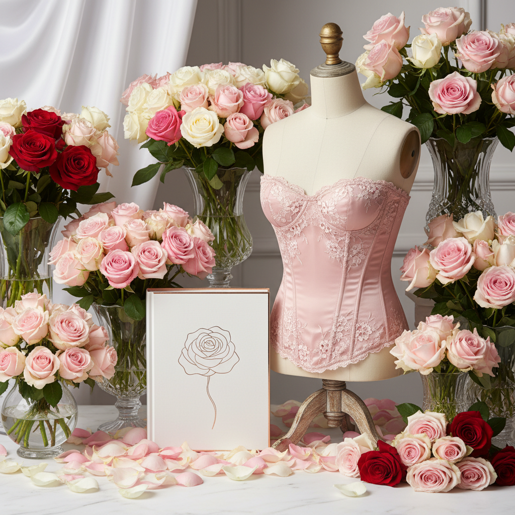 Corset y libro blanco rodeados de rosas