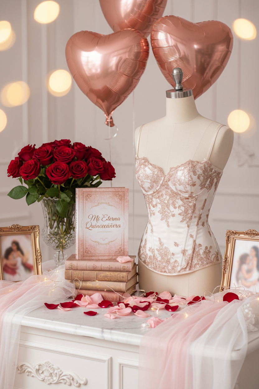 Display elegante de corset en maniquí con libro