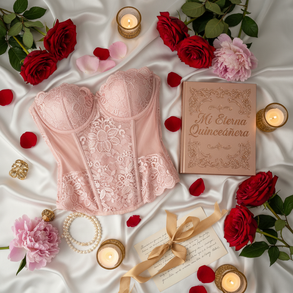 Flat lay romántico de San Valentín con corset y libro