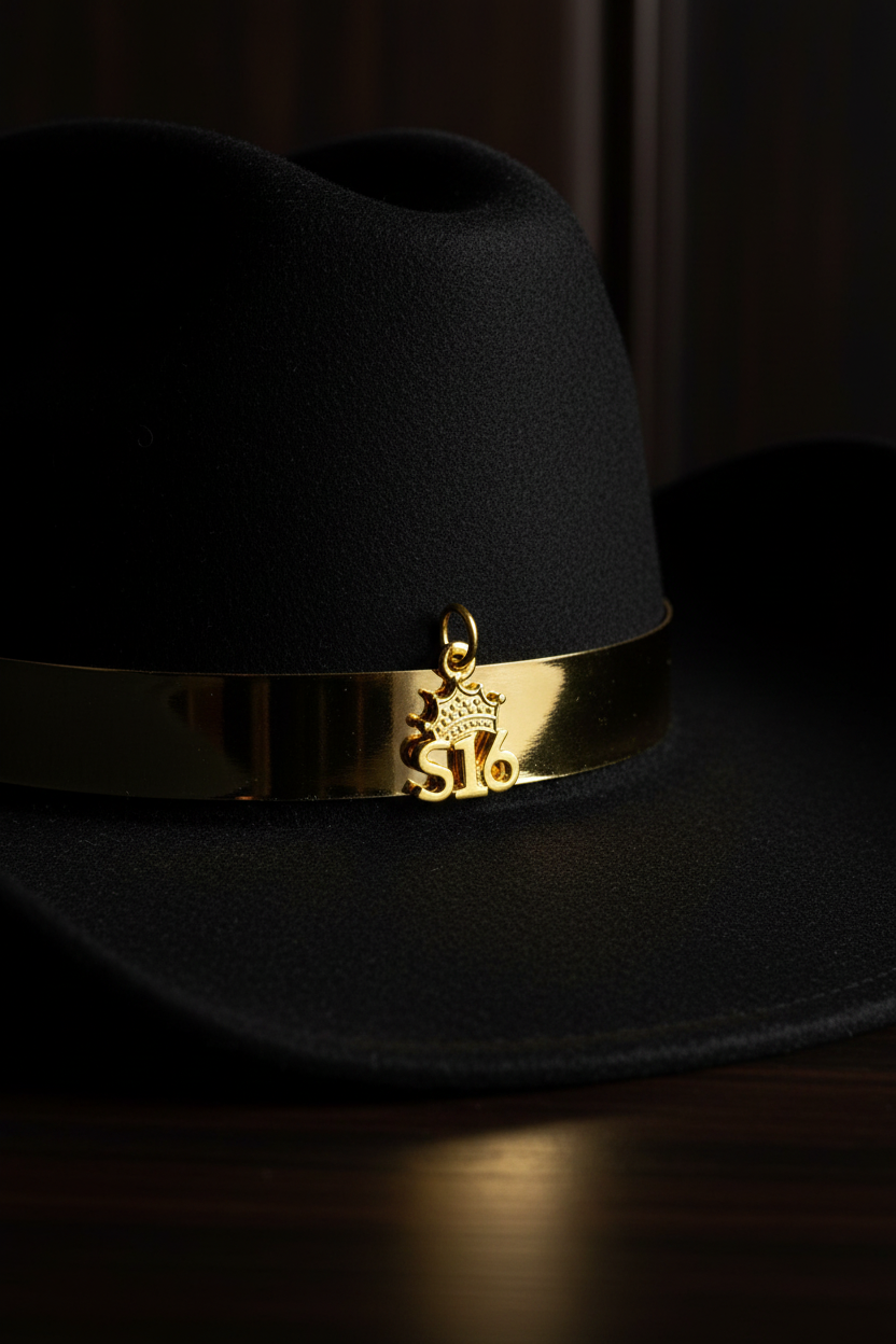 Close-up sombrero negro con dije S16 dorado en herraje