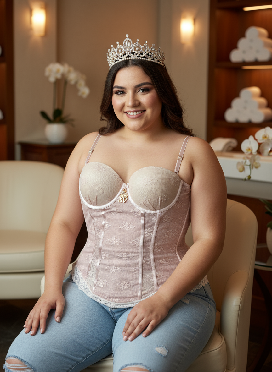 Quinceañera con corona y charm sutil