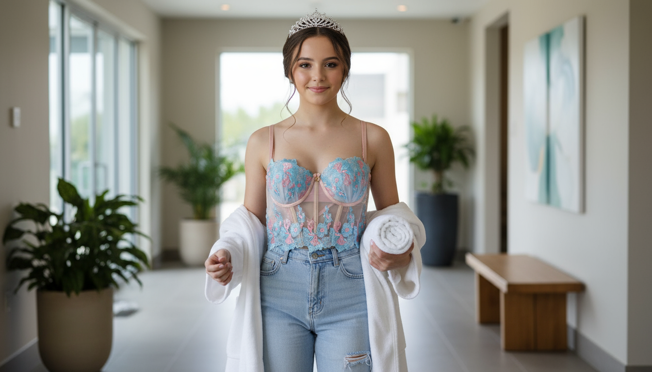 Quinceañera saliendo del spa con corset y corona